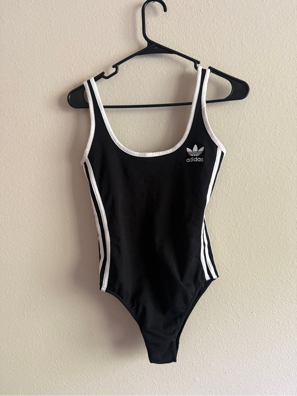 adidas Black One-Piece Swimsuit with White Trim and Stripes
